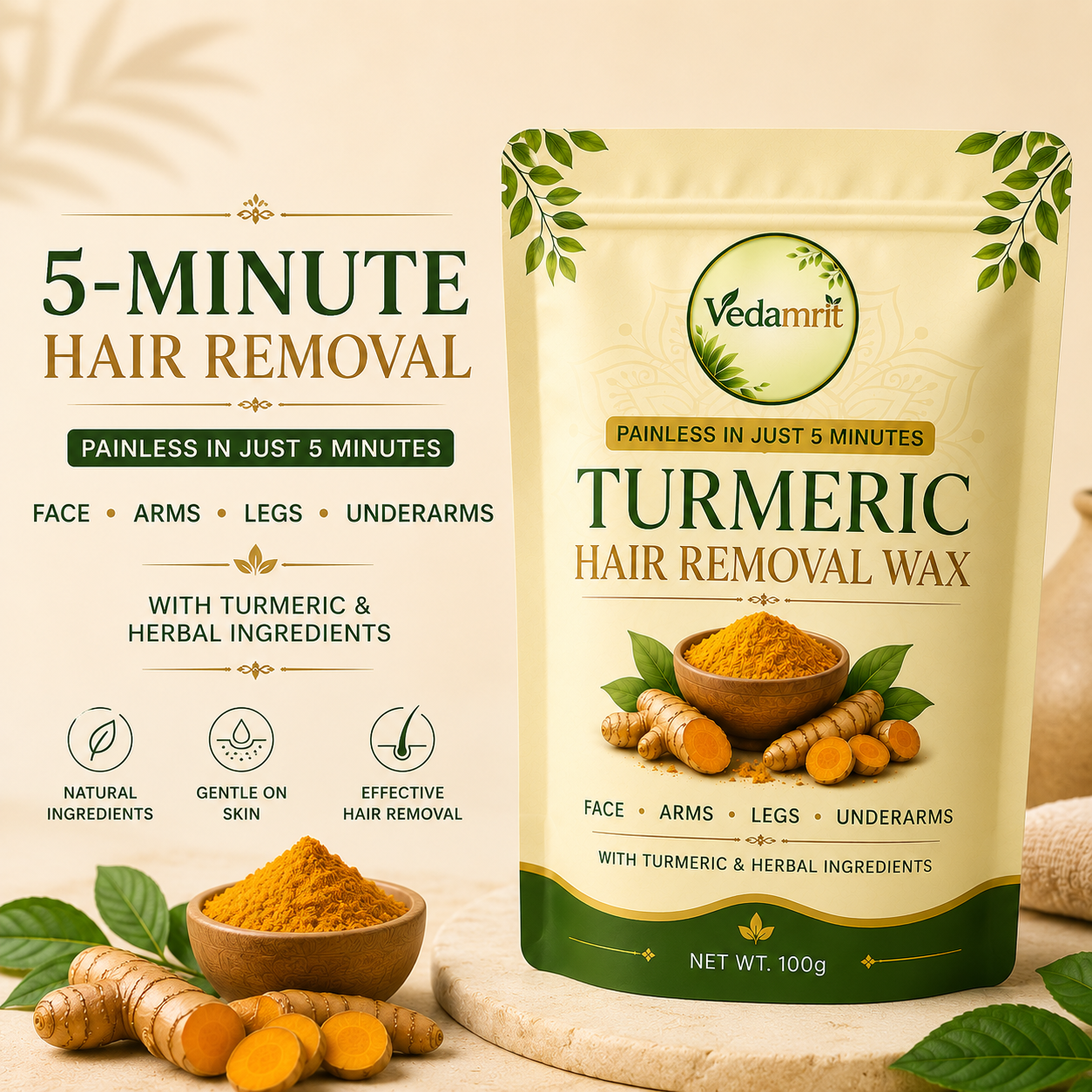 Turmeric Facial Wax - 5 Minutes Painless Herbal Wax Powder ( Pack Of 3 )