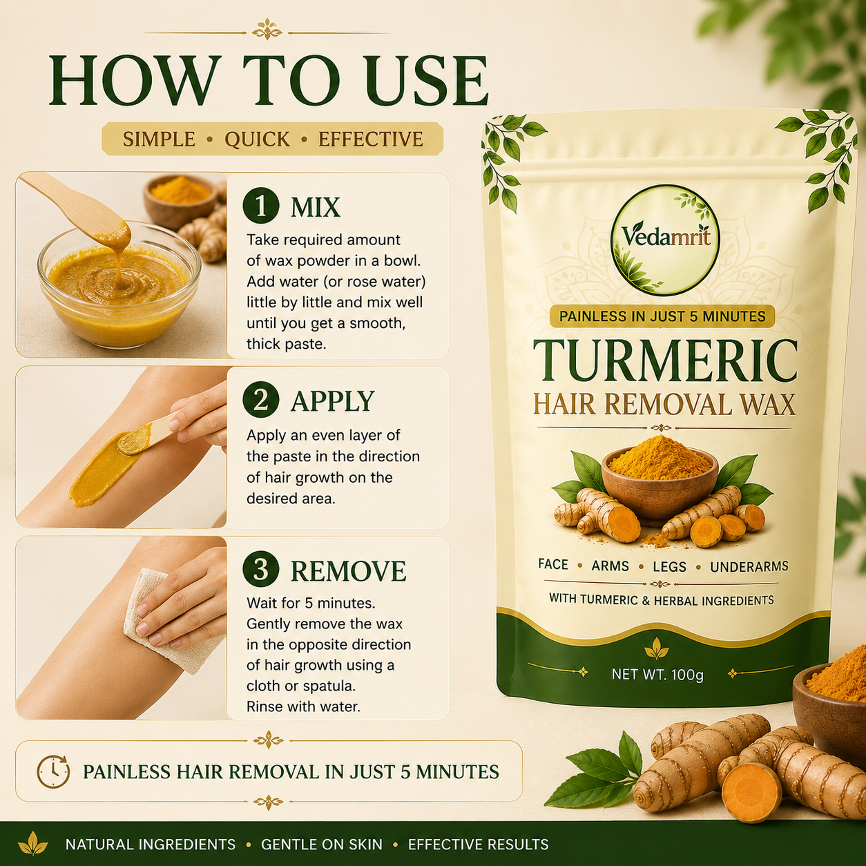 Turmeric Facial Wax - 5 Minutes Painless Herbal Wax Powder ( Pack Of 3 )