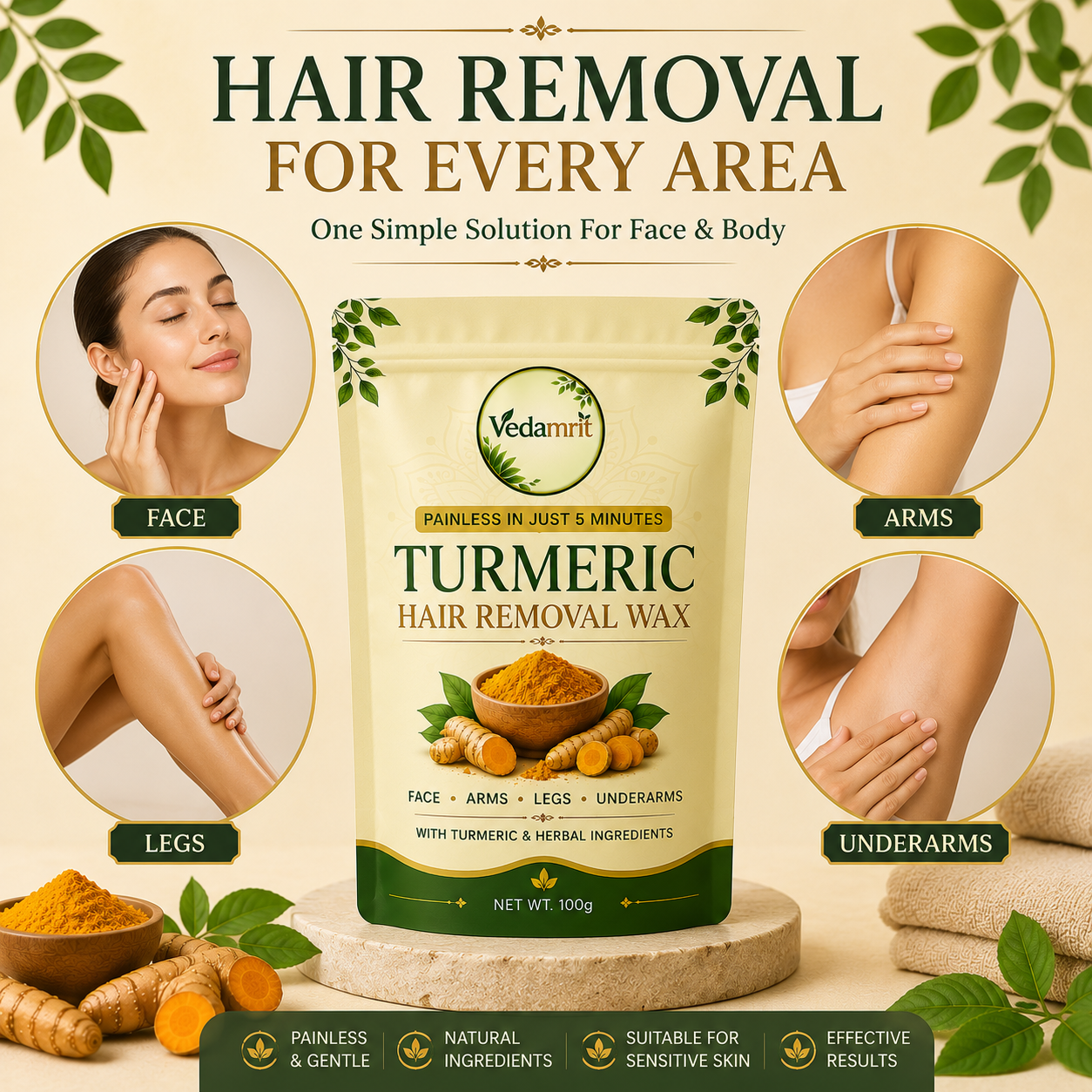 Turmeric Facial Wax - 5 Minutes Painless Herbal Wax Powder ( Pack Of 3 )