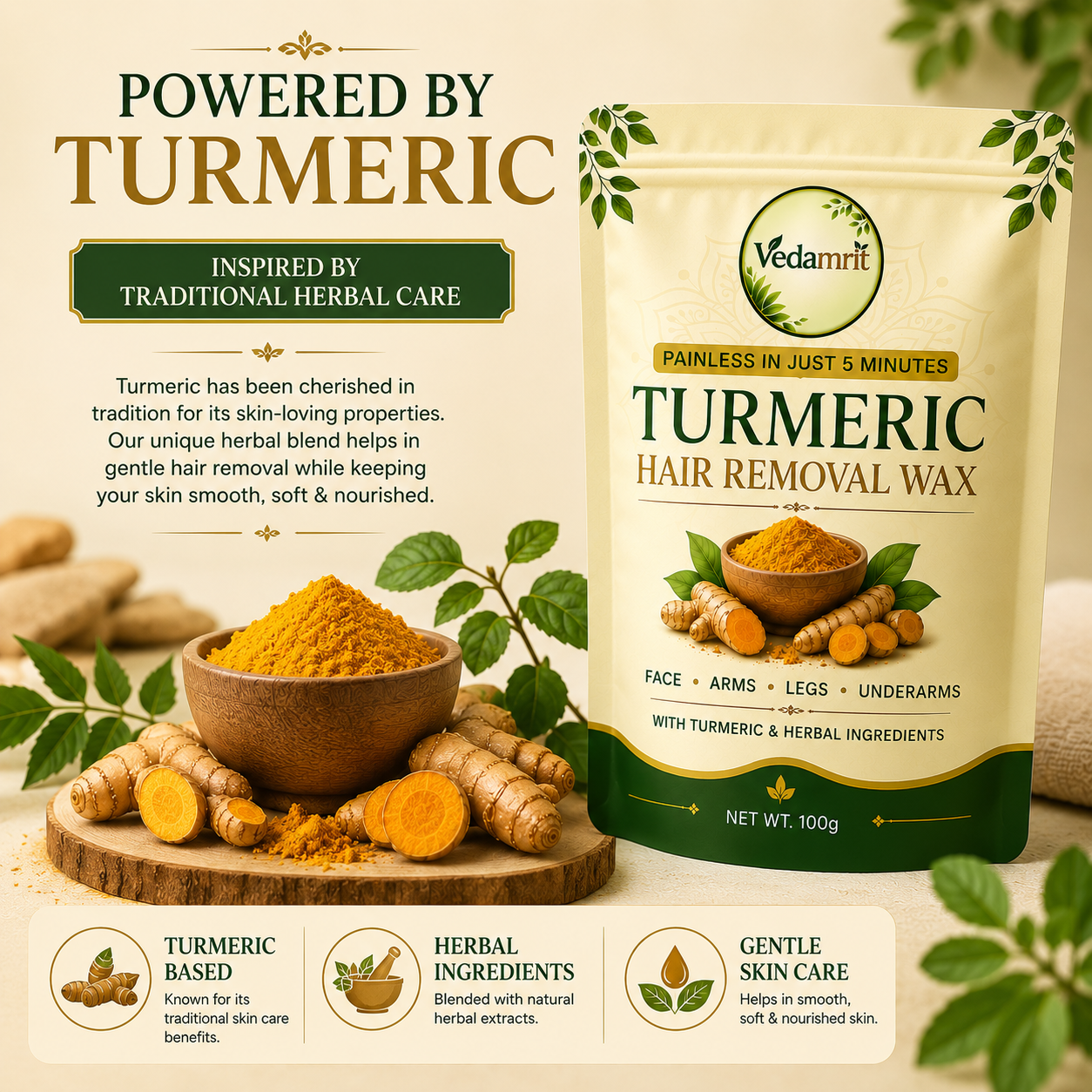 Turmeric Facial Wax - 5 Minutes Painless Herbal Wax Powder ( Pack Of 3 )