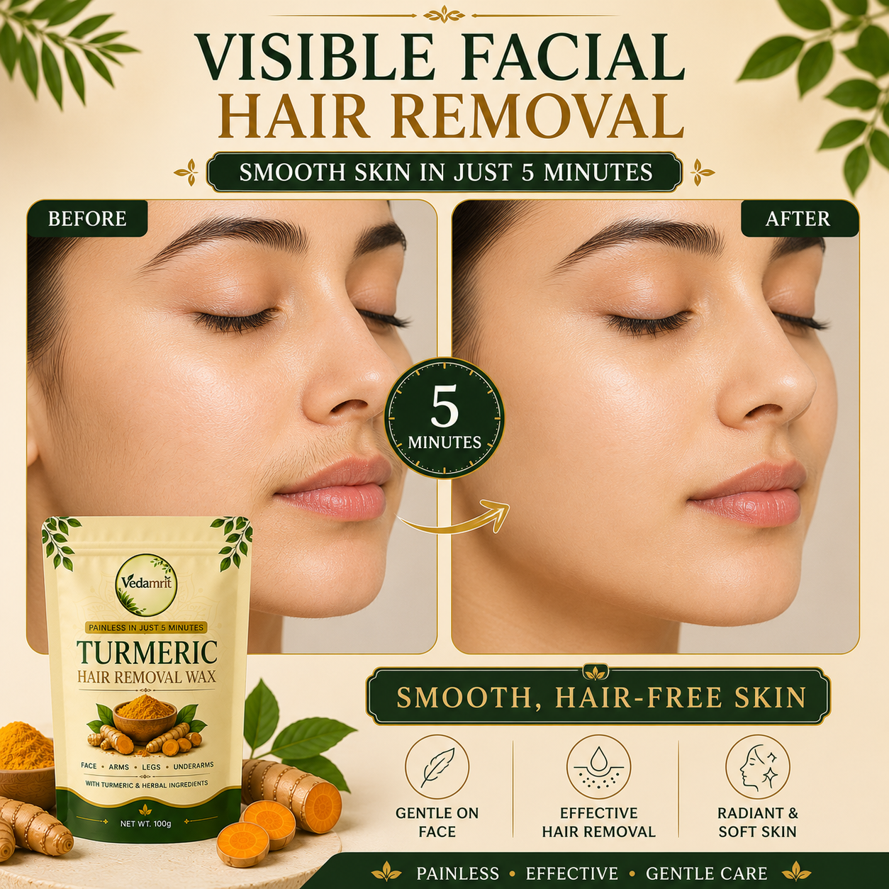 Turmeric Facial Wax - 5 Minutes Painless Herbal Wax Powder ( Pack Of 3 )